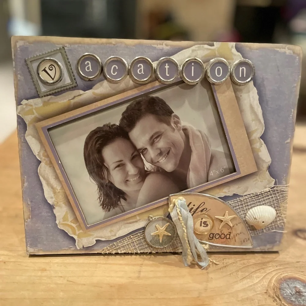 Life is Good Distressed Shabby Chic Shell Beach Coastal Frame Silver Blue 4x6